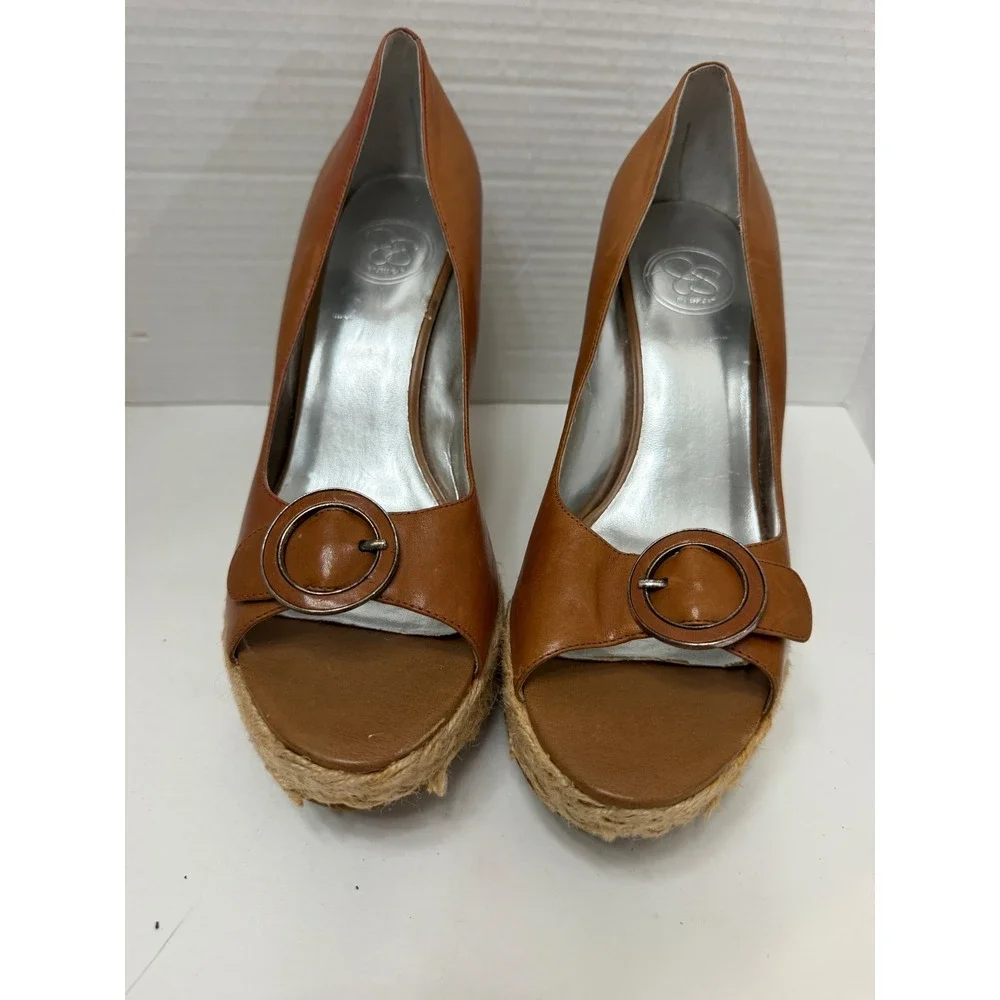 Jessica Simpson Goldie Tan Leather Espadrille Wedge Sandals Peep Toe Buckle 9.5B